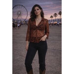 Vintage Sheer Burnt Orange Embroidered Lace Mesh Top – Boho Goth Coachella